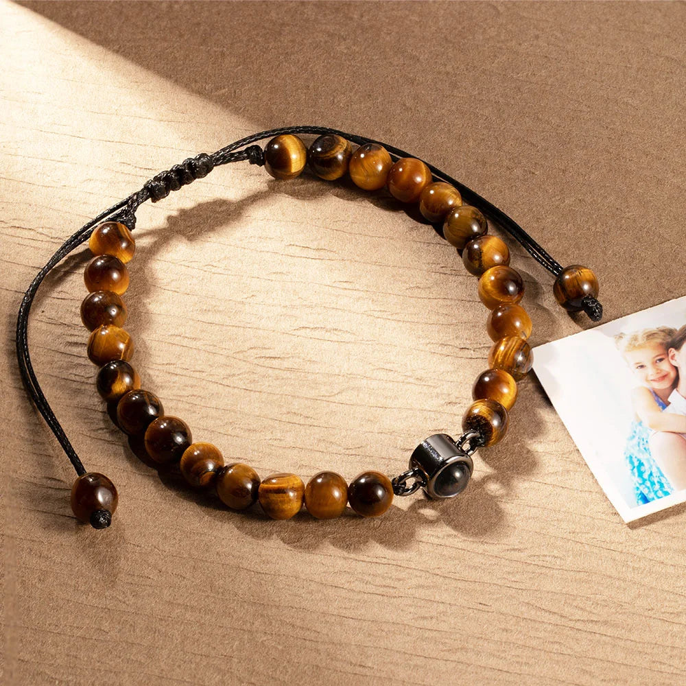Custom Photo Projection Tiger Eye Bracelet with Black Gallstone Beads
