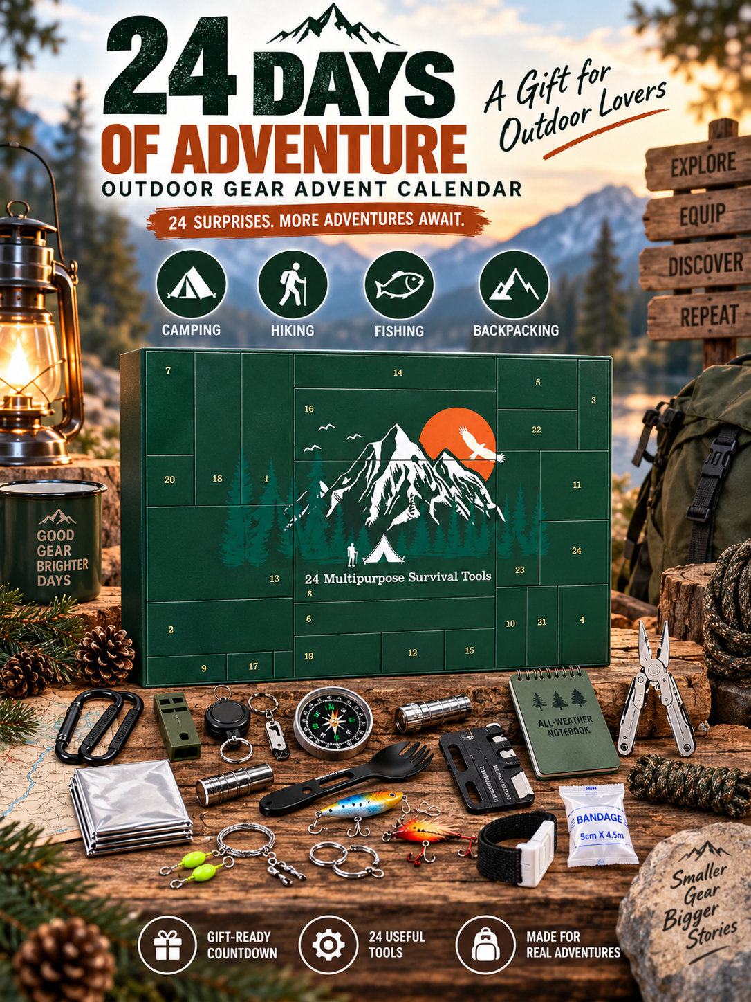 24-Piece Camping Gear Advent Calendar – Christmas Countdown Gift for Adults