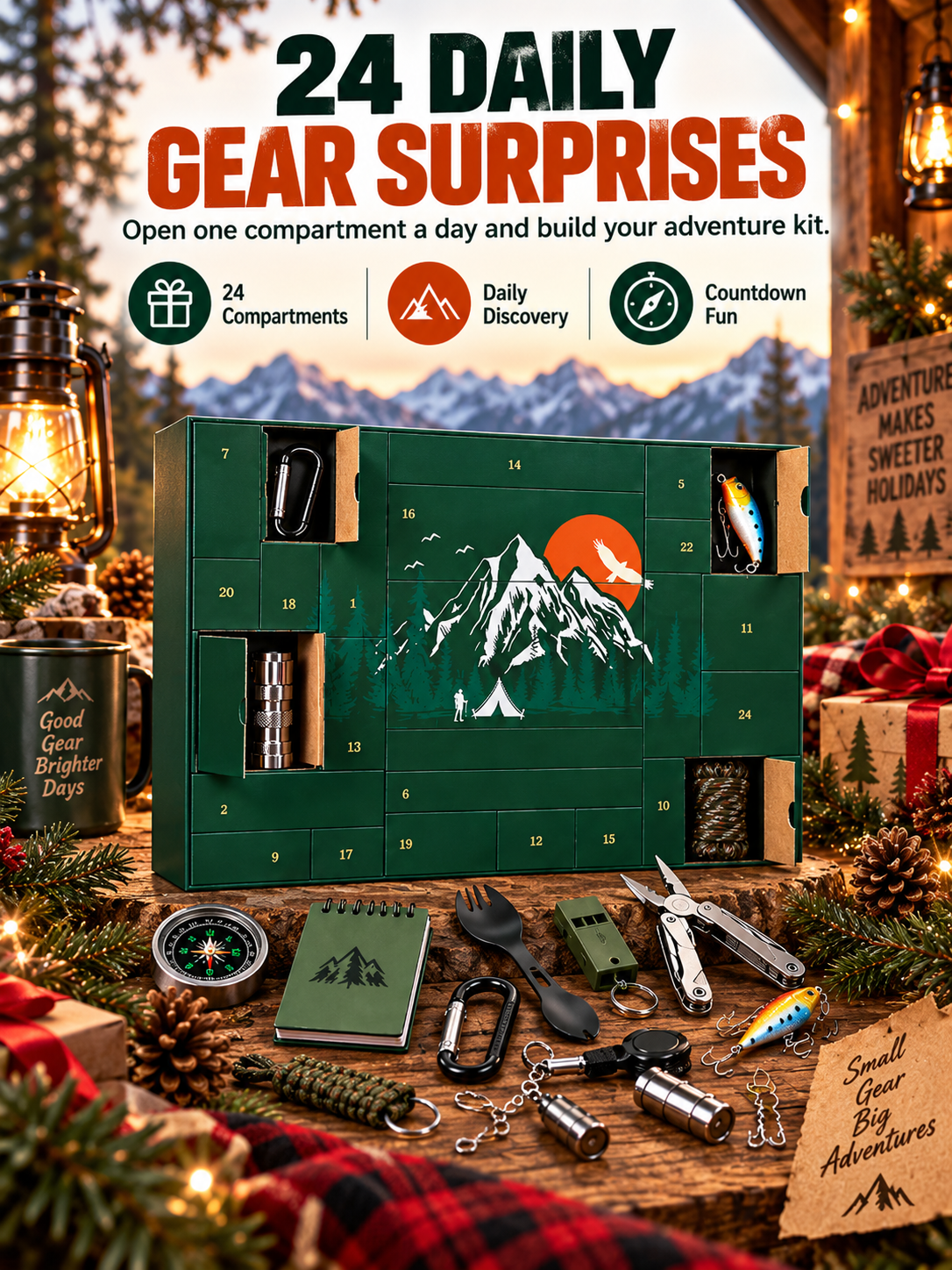 24-Piece Camping Gear Advent Calendar – Christmas Countdown Gift for Adults