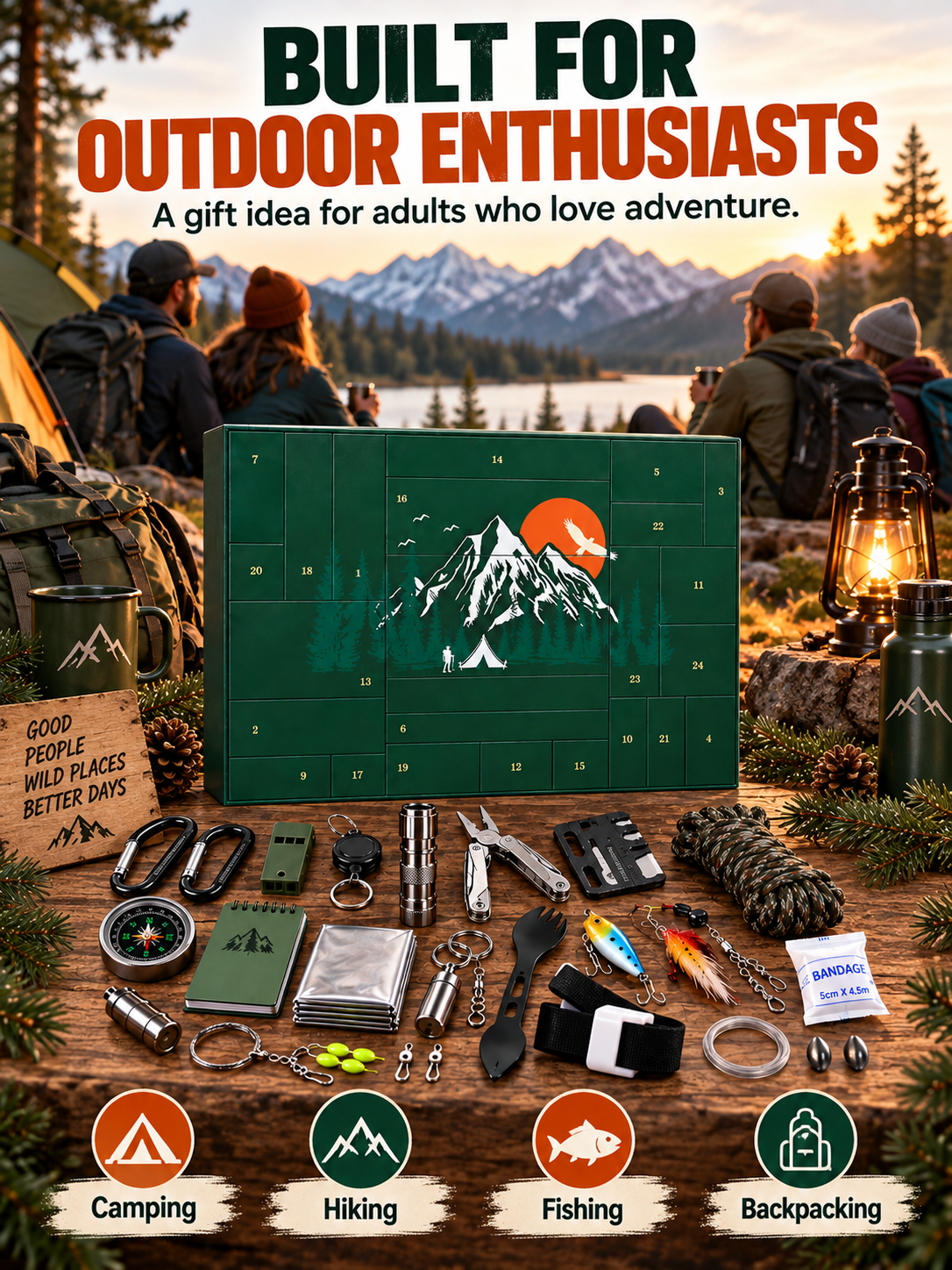 24-Piece Camping Gear Advent Calendar – Christmas Countdown Gift for Adults