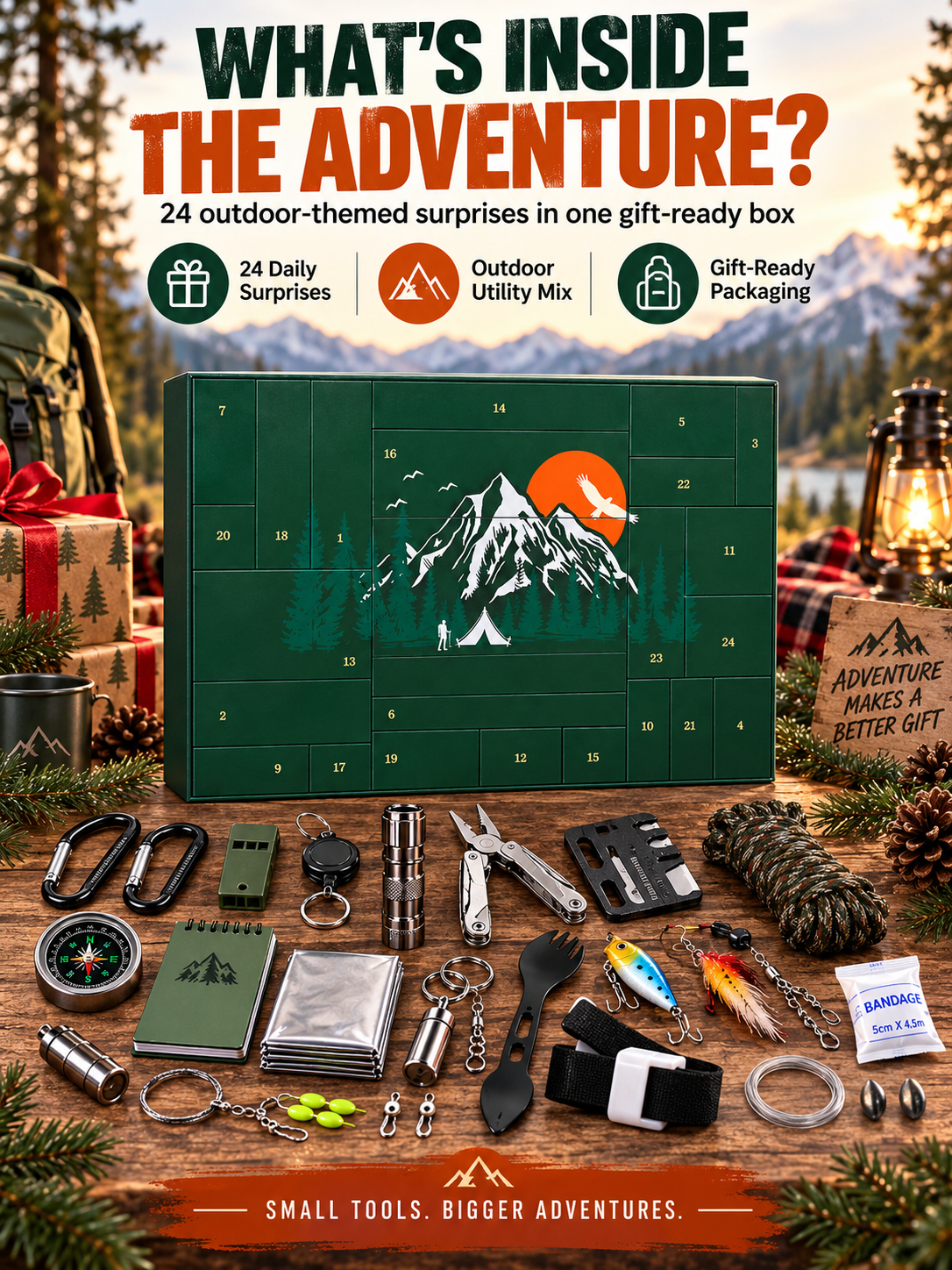 24-Piece Camping Gear Advent Calendar – Christmas Countdown Gift for Adults