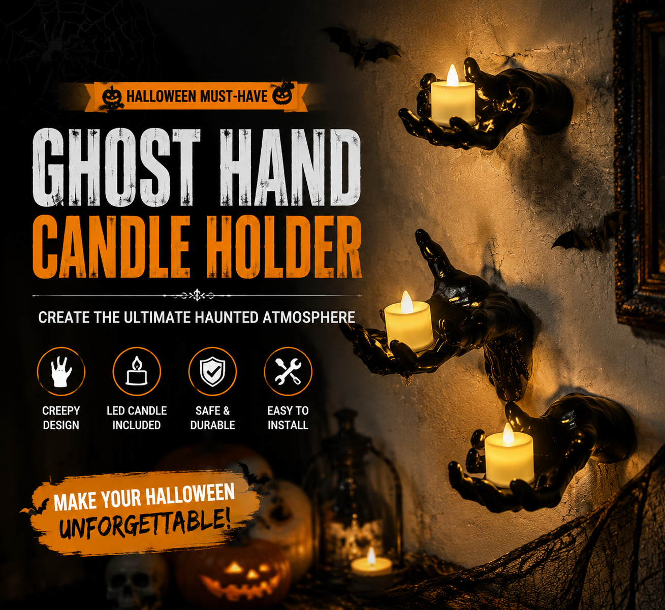 Ghost Hand LED Candle Holder Set – Halloween Gothic Decor (3 Pack)