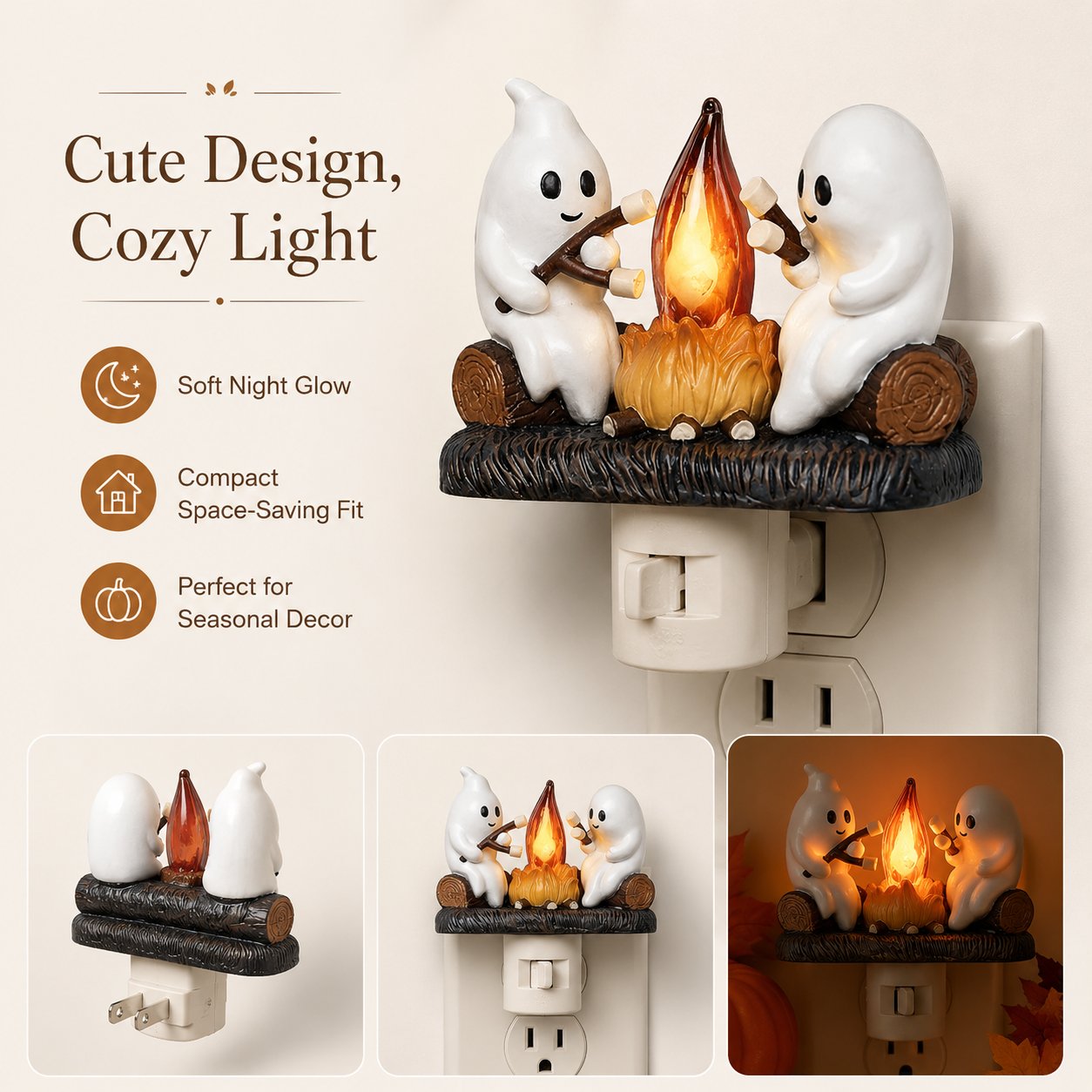 Ghost Campfire Flickering Nightlight – Cute Halloween Plug-In Wall Decor