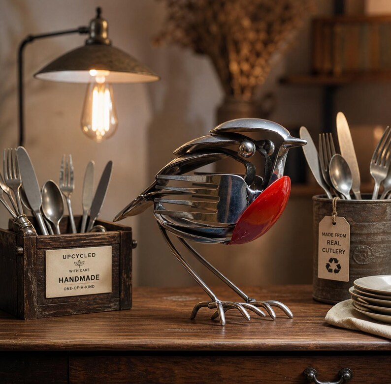 Summer Hot Sale Handmade Upcycled Cutlery Robin Sculpture, Metal Bird Art Decor