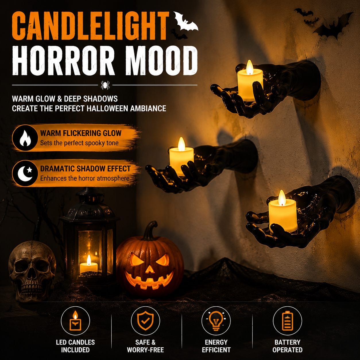 Ghost Hand LED Candle Holder Set – Halloween Gothic Decor (3 Pack)