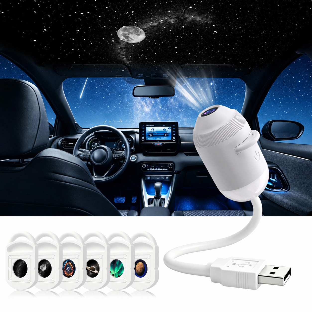 Galaxy Projector Night Light – USB Starry Sky Ambient Lamp for Car & Bedroom