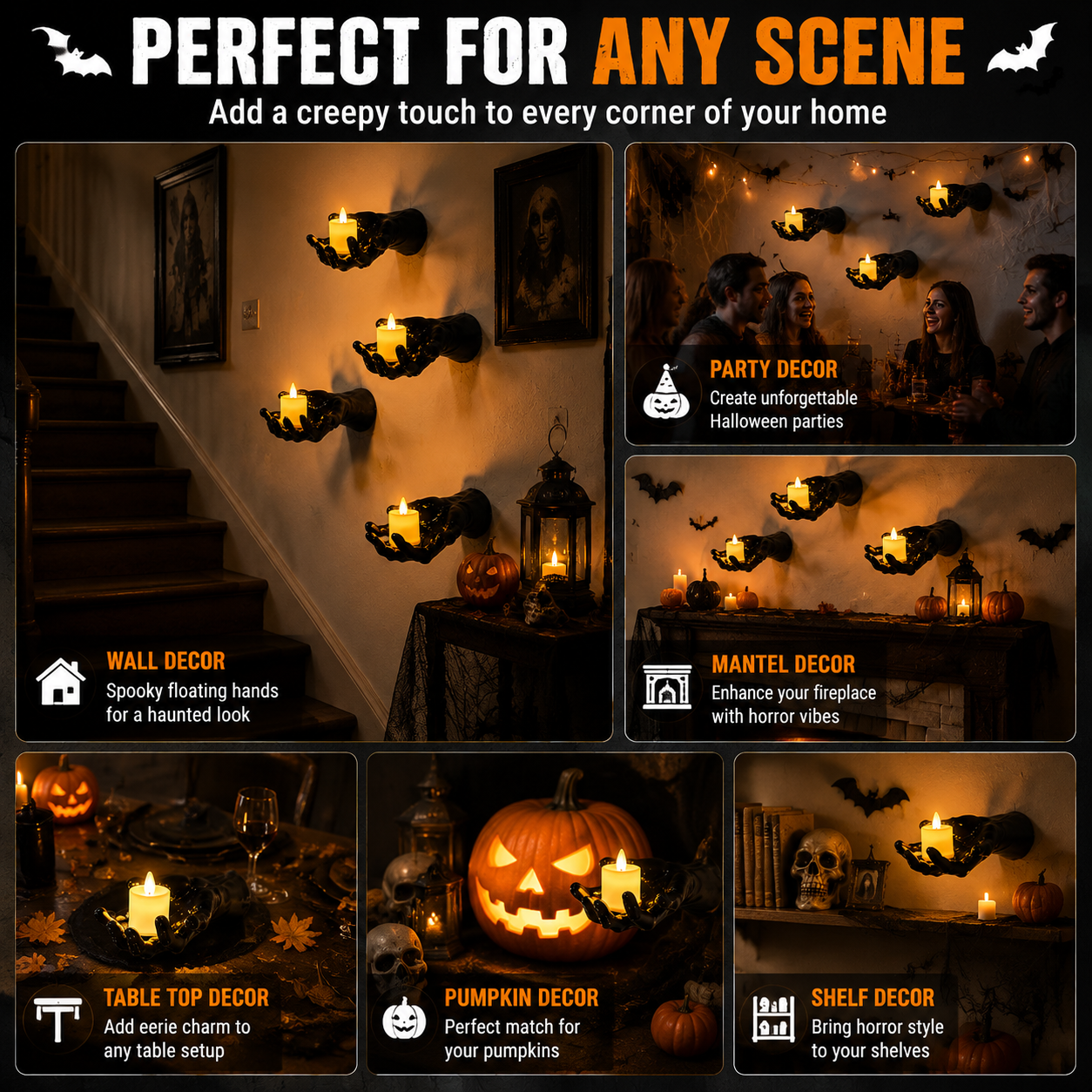 Ghost Hand LED Candle Holder Set – Halloween Gothic Decor (3 Pack)