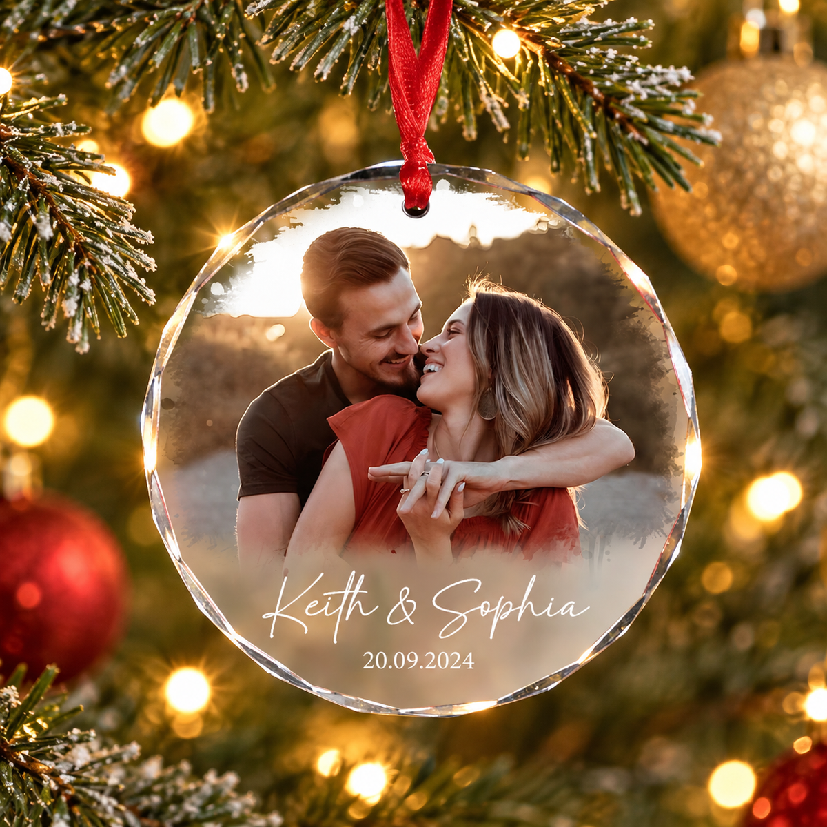 Custom Photo Couple Keepsake Ornament - Personalized Circle Glass Ornament - Christmas Gift For Couple, Husband, Wife, Family Members