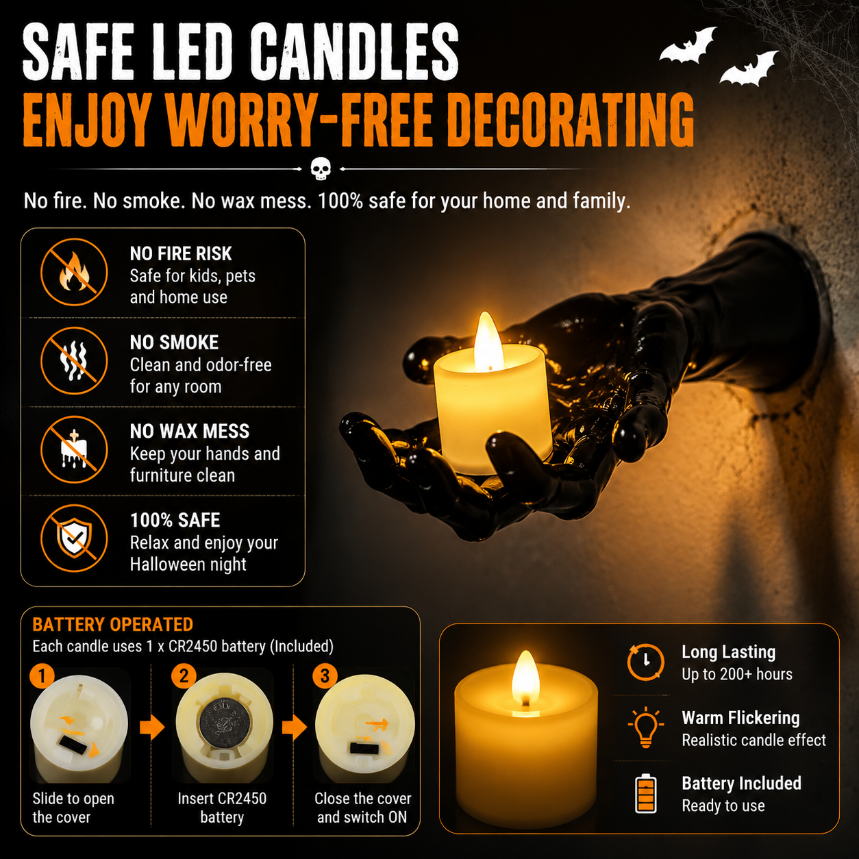 Ghost Hand LED Candle Holder Set – Halloween Gothic Decor (3 Pack)