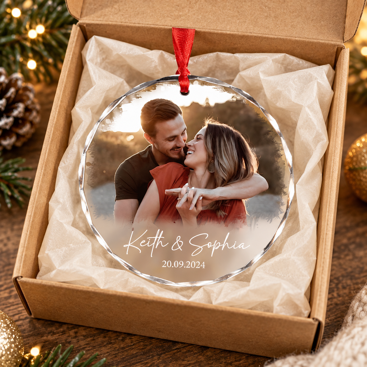 Custom Photo Couple Keepsake Ornament - Personalized Circle Glass Ornament - Christmas Gift For Couple, Husband, Wife, Family Members