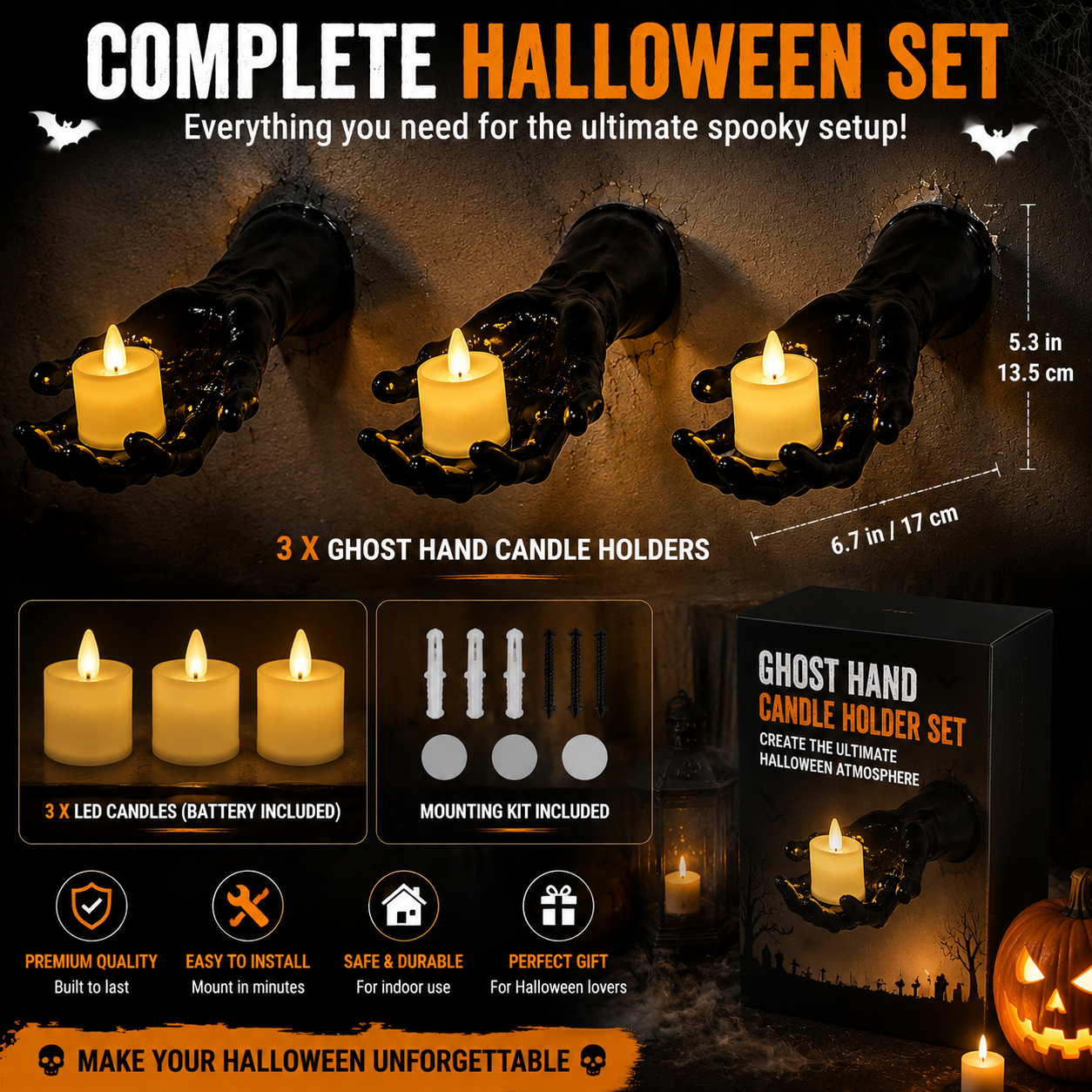 Ghost Hand LED Candle Holder Set – Halloween Gothic Decor (3 Pack)