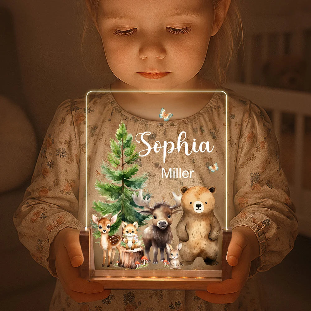 Personalized Cute Deer Fox Forest Animals Acrylic LED Night Light with Wooden Base and Name Birthday Anniversary Gift for Family Children