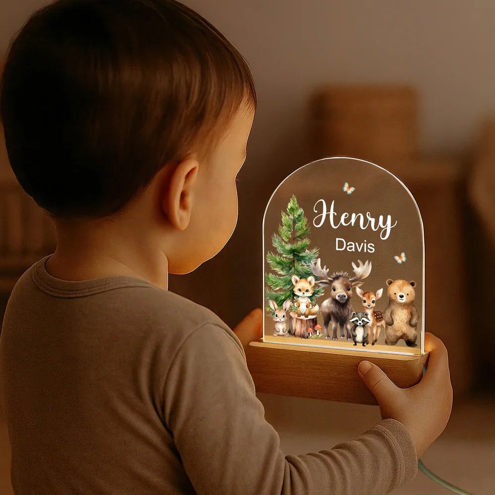 Personalized Watercolor Jungle Animal Acrylic Night Light with Name and Wooden Base Room Decoration Christmas Birthday Gift for Girls Boys