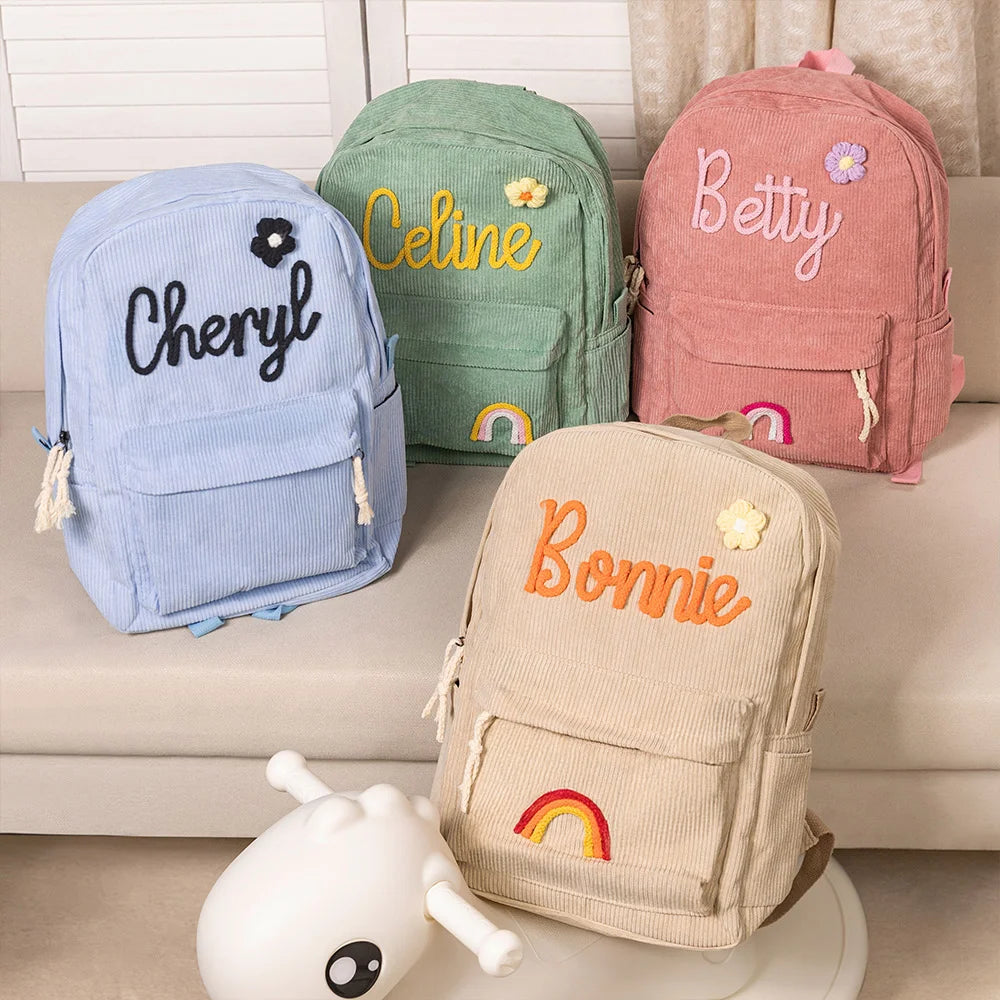 Personalized Braided Flower Rainbow Name Corduroy Backpack