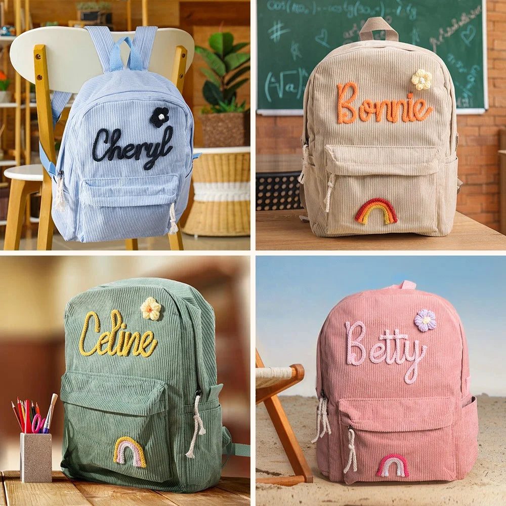 Personalized Braided Flower Rainbow Name Corduroy Backpack