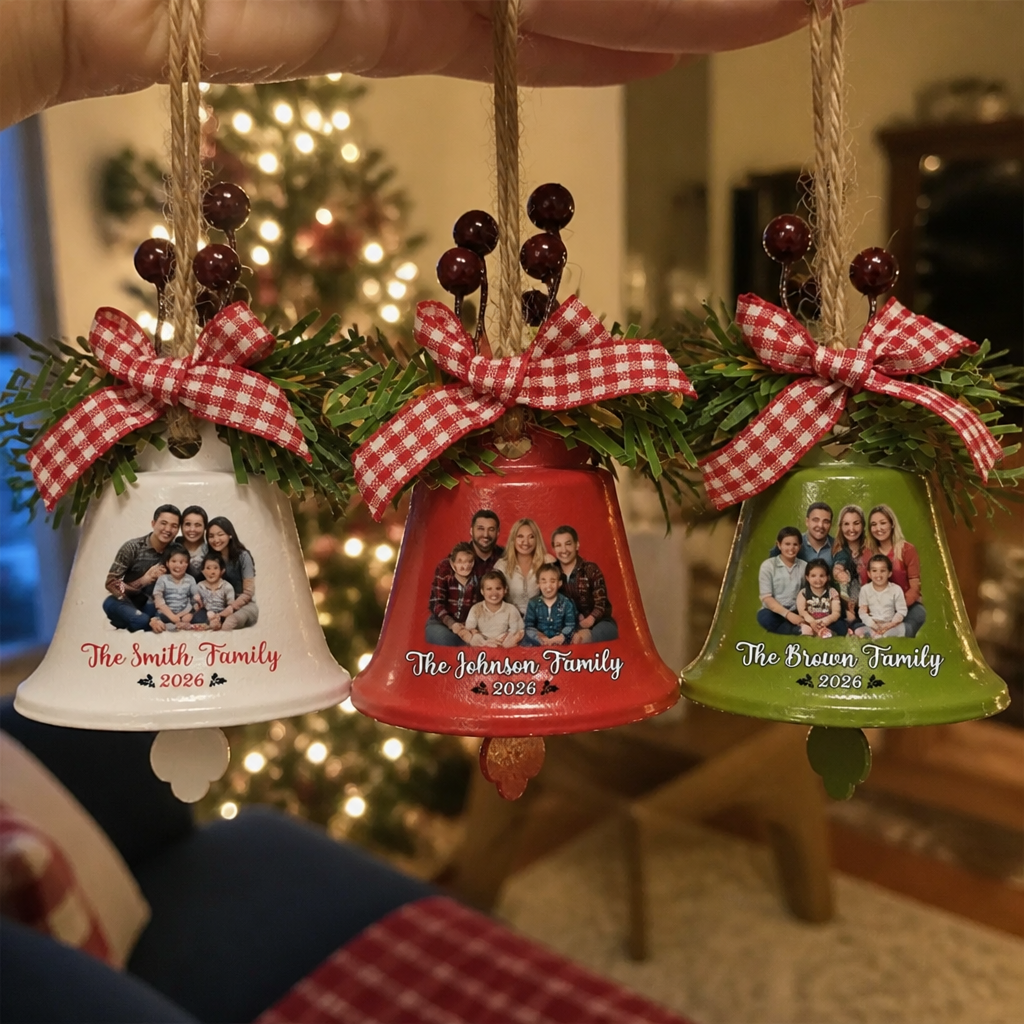 Family Christmas Photo Bells - Personalized Metal Bell Ornament