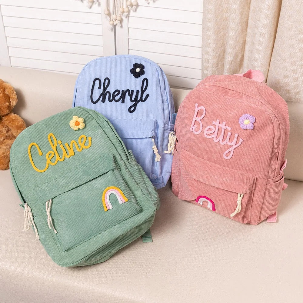 Personalized Braided Flower Rainbow Name Corduroy Backpack