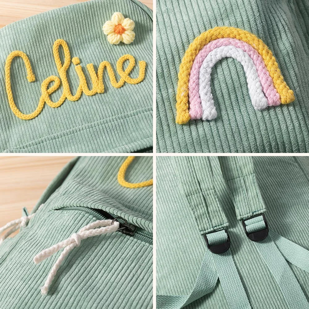 Personalized Braided Flower Rainbow Name Corduroy Backpack