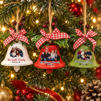 Family Christmas Photo Bells - Personalized Metal Bell Ornament