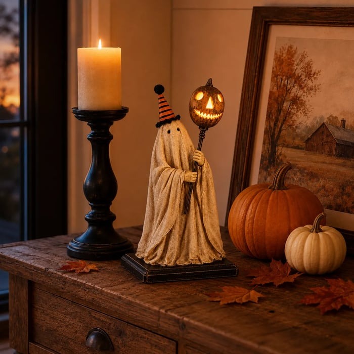 Lighted Vintage Ghost Figurine with Glowing Pumpkin Staff