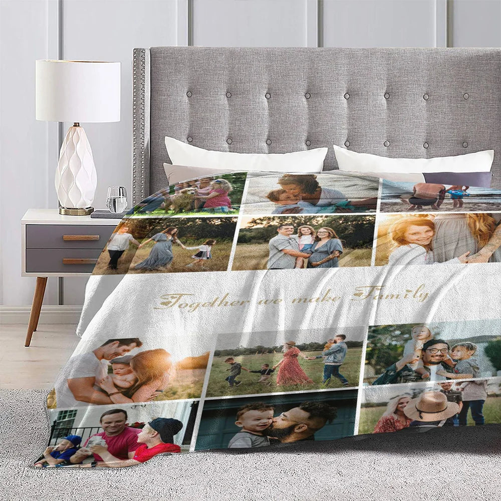 Personalized 12 Photos Collage Super Soft Blanket with Text Christmas Thanksgiving Day Gift for Family Friend