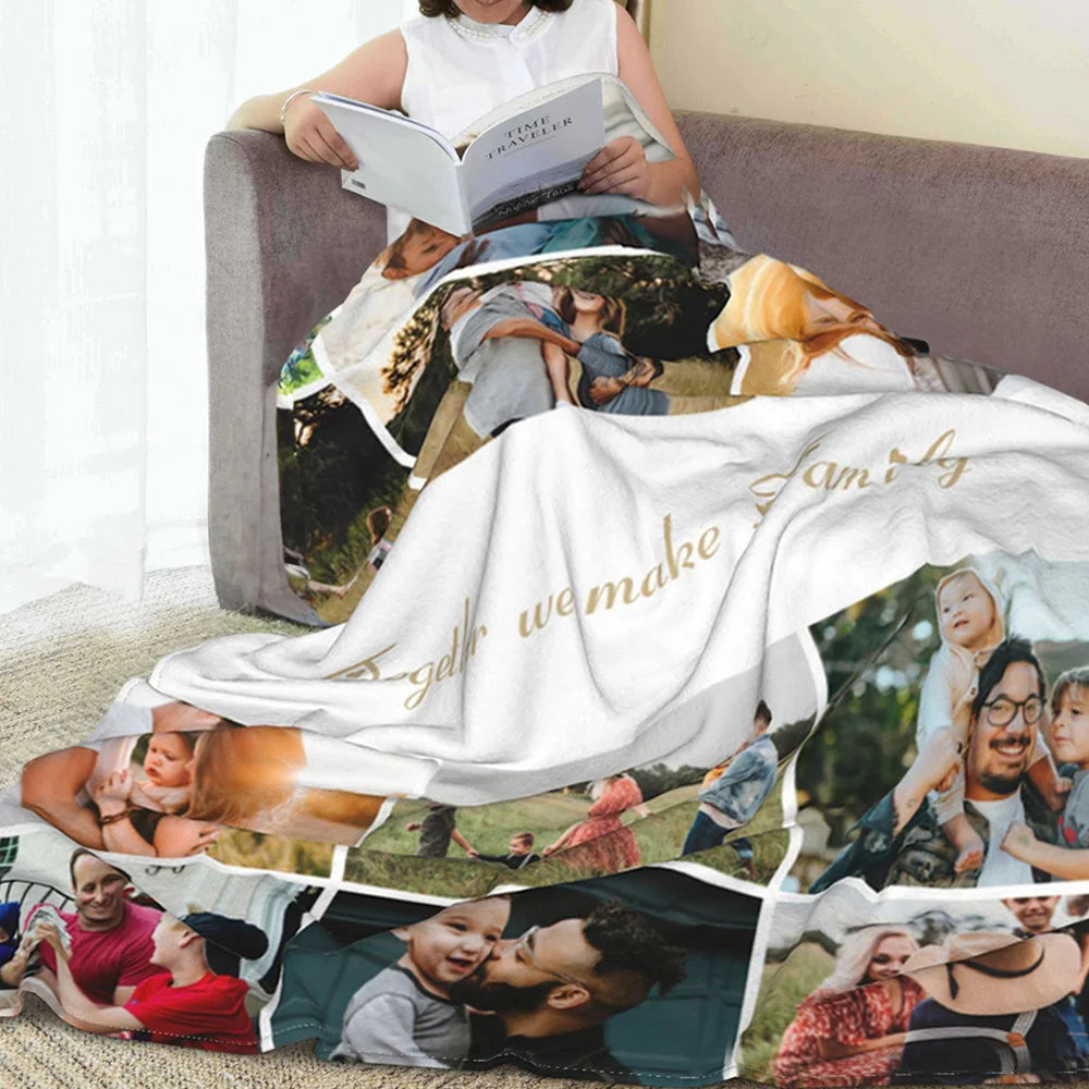 Personalized 12 Photos Collage Super Soft Blanket with Text Christmas Thanksgiving Day Gift for Family Friend