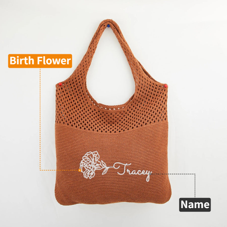 Personalized Retro Embroidered Birth Flower Crochet Mesh Tote Bag with Name Summer Beach Travel Birthday Gift for Women