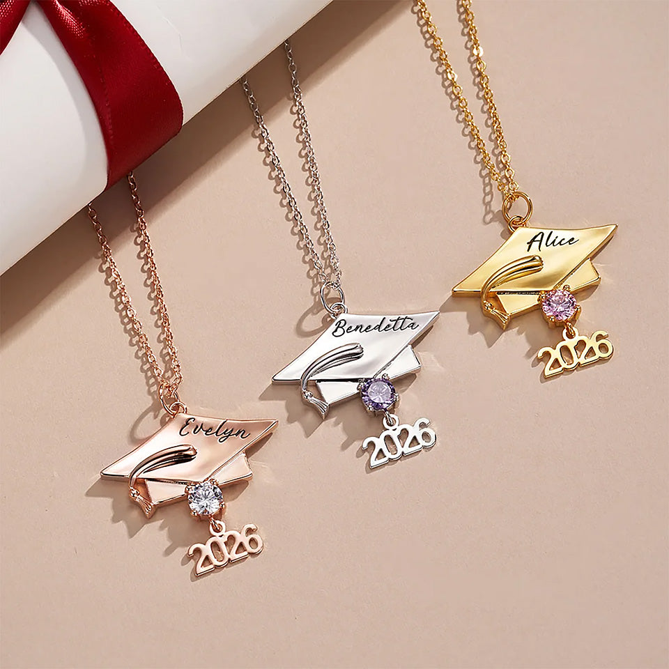 Personalized Dainty Graduation Cap Birthstone Necklace