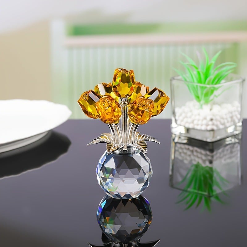 Crystal Colorful Rose Flower Collectible Figurine with Vase