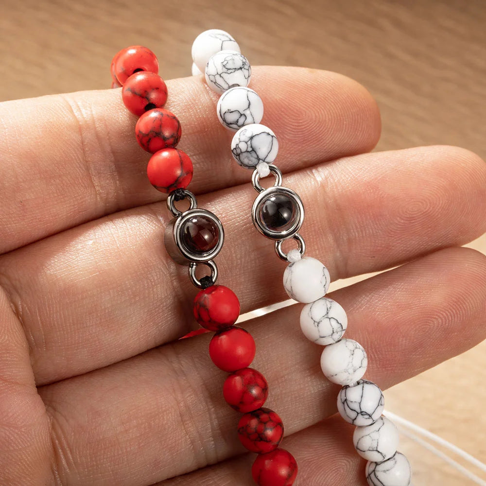 Custom Photo Projection Tiger Eye Bracelet with Black Gallstone Beads