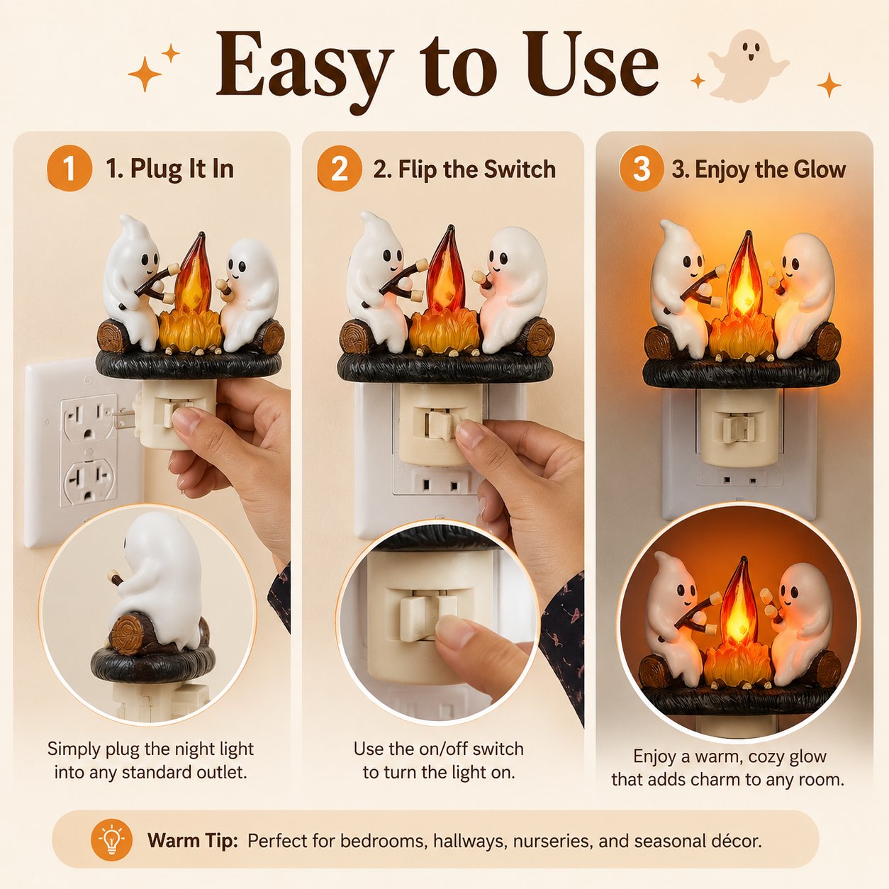 Ghost Campfire Flickering Nightlight – Cute Halloween Plug-In Wall Decor
