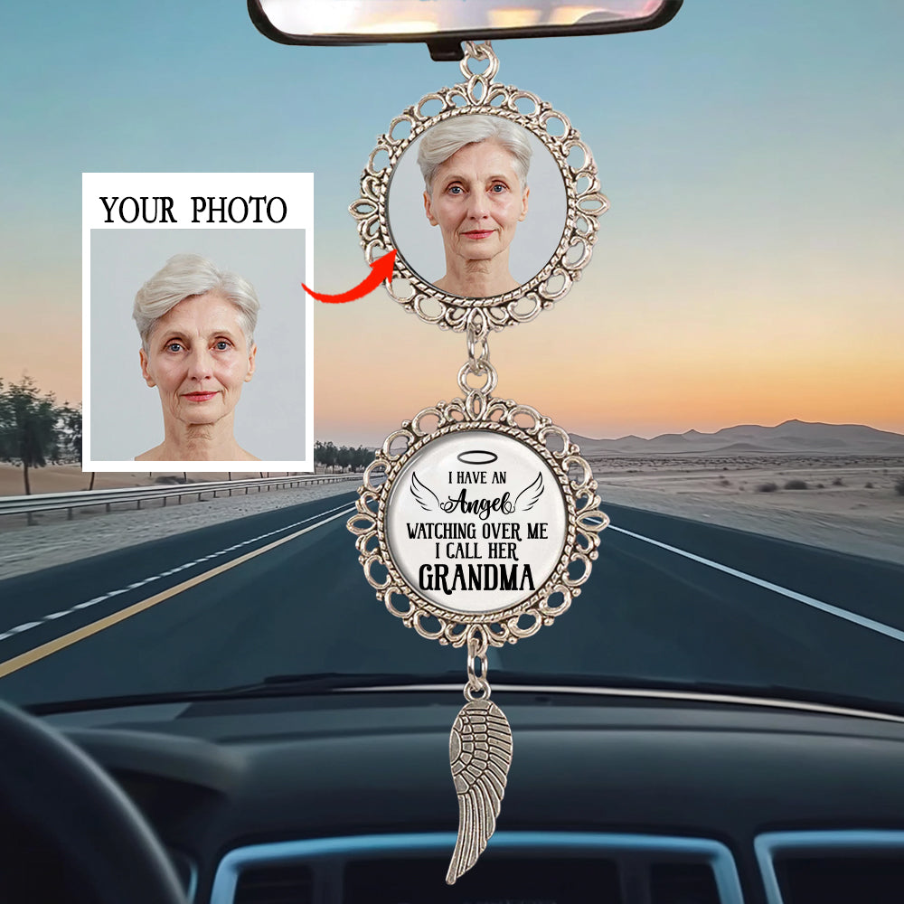 Personalized Car Ornament – 'I Have an Angel Watching Over Me' with Custom Photo and Wing – Heartfelt Gift for Mother’s Day, Family and Car Decor