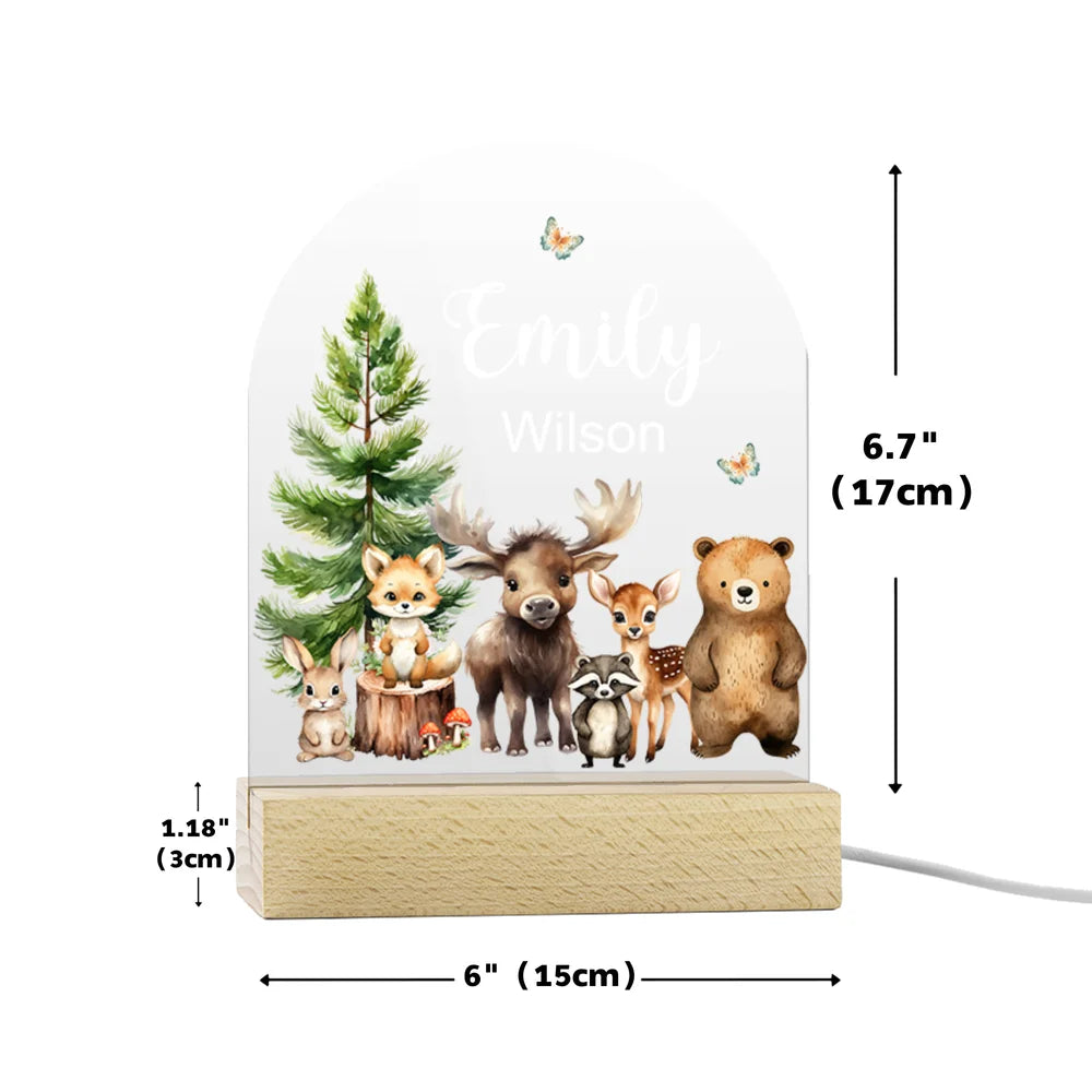 Personalized Watercolor Jungle Animal Acrylic Night Light with Name and Wooden Base Room Decoration Christmas Birthday Gift for Girls Boys