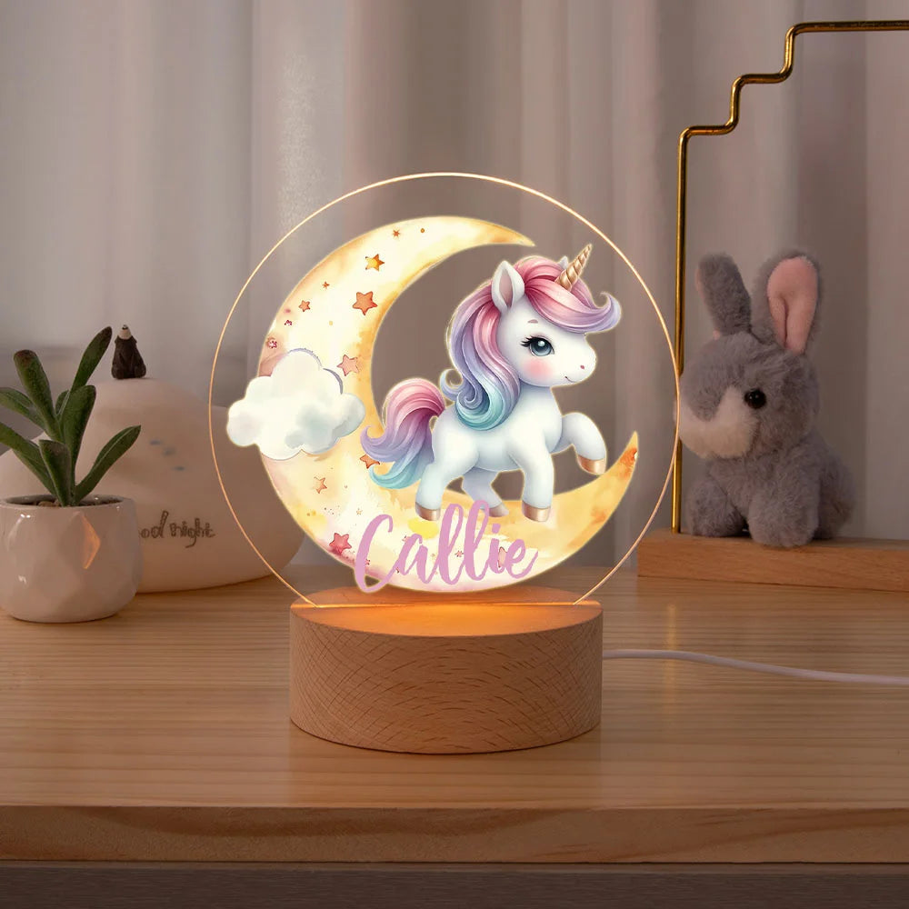Personalized Fantasy Unicorn Dreamy Moon LED Night Light with Wooden Base and Name