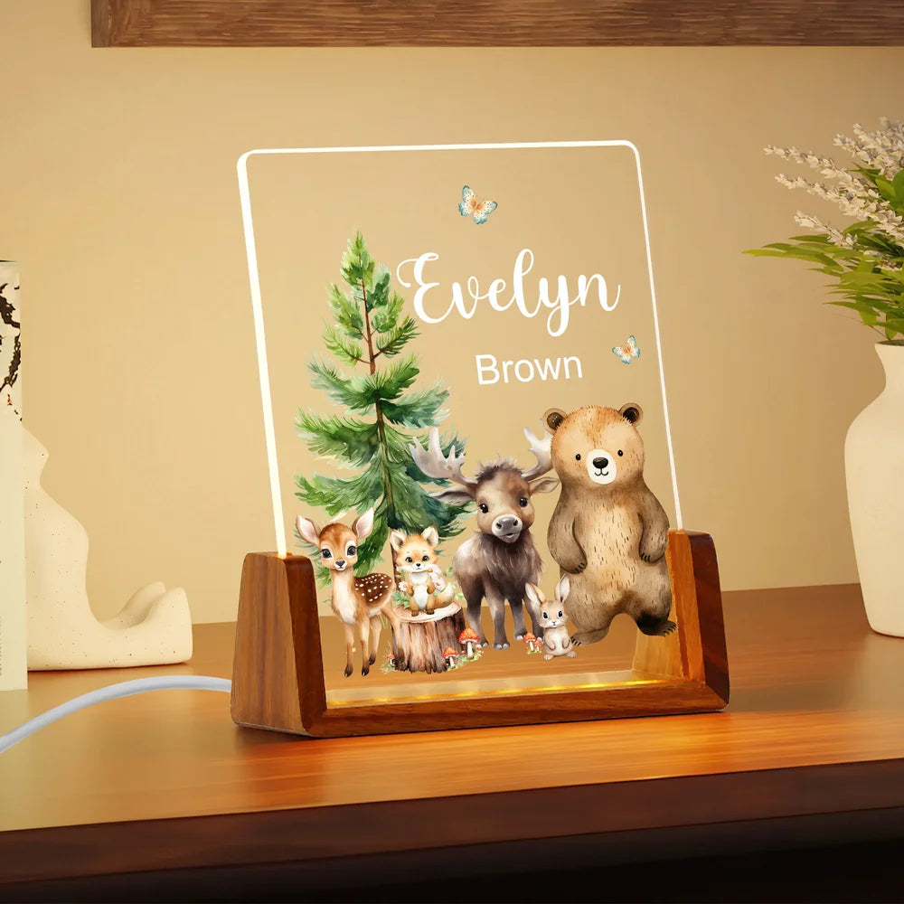 Personalized Cute Deer Fox Forest Animals Acrylic LED Night Light with Wooden Base and Name Birthday Anniversary Gift for Family Children