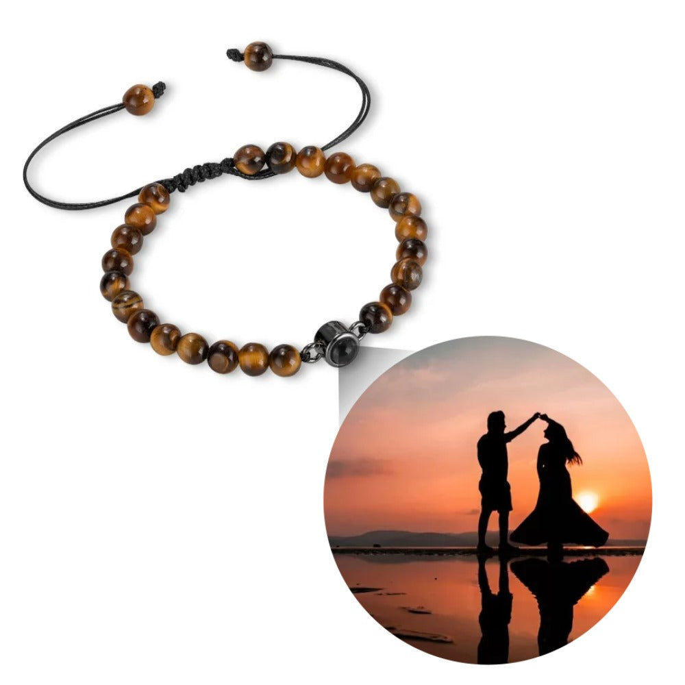 Custom Photo Projection Tiger Eye Bracelet with Black Gallstone Beads