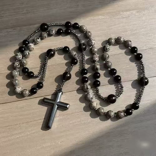Healing Crystal Yooperlite Fire Stone Rosary Necklace