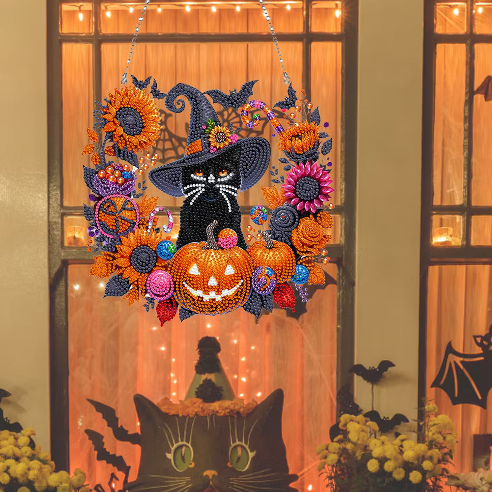 Black Cat Moon Diamond Art Hanging Ornament Kit – Relaxing DIY Halloween Craft