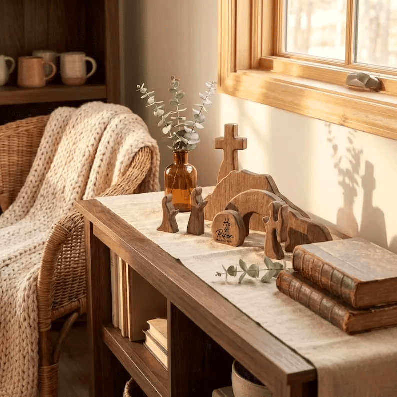 Wooden Resurrection Scene - Jesus Empty Tomb & Cross Easter Decor Set