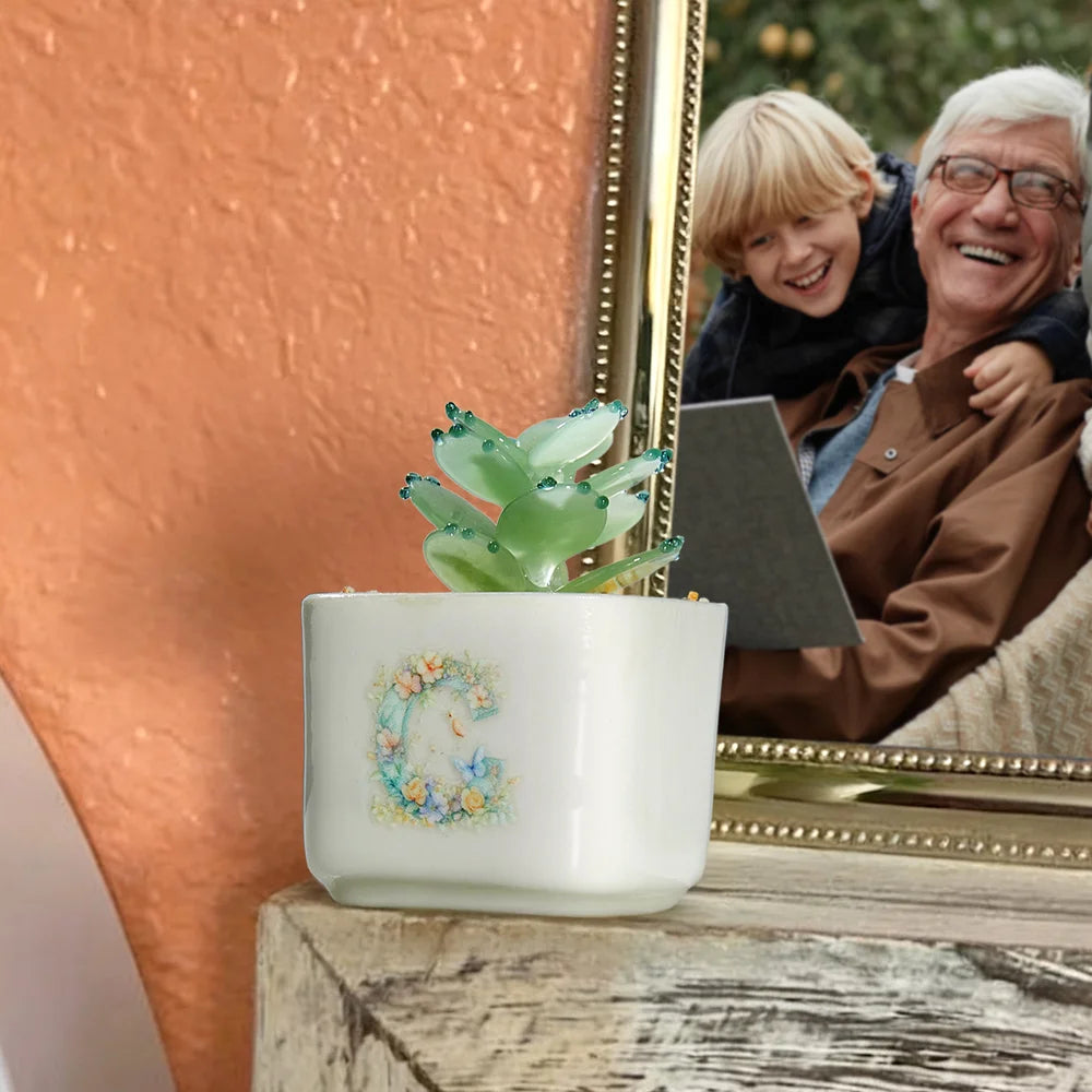 Personalized Artificial Succulent Cactus Stained Glass Potted Plants with Initial Desk Office Shelf Decor Birthday Gift for Plant Killers Enthusiasts