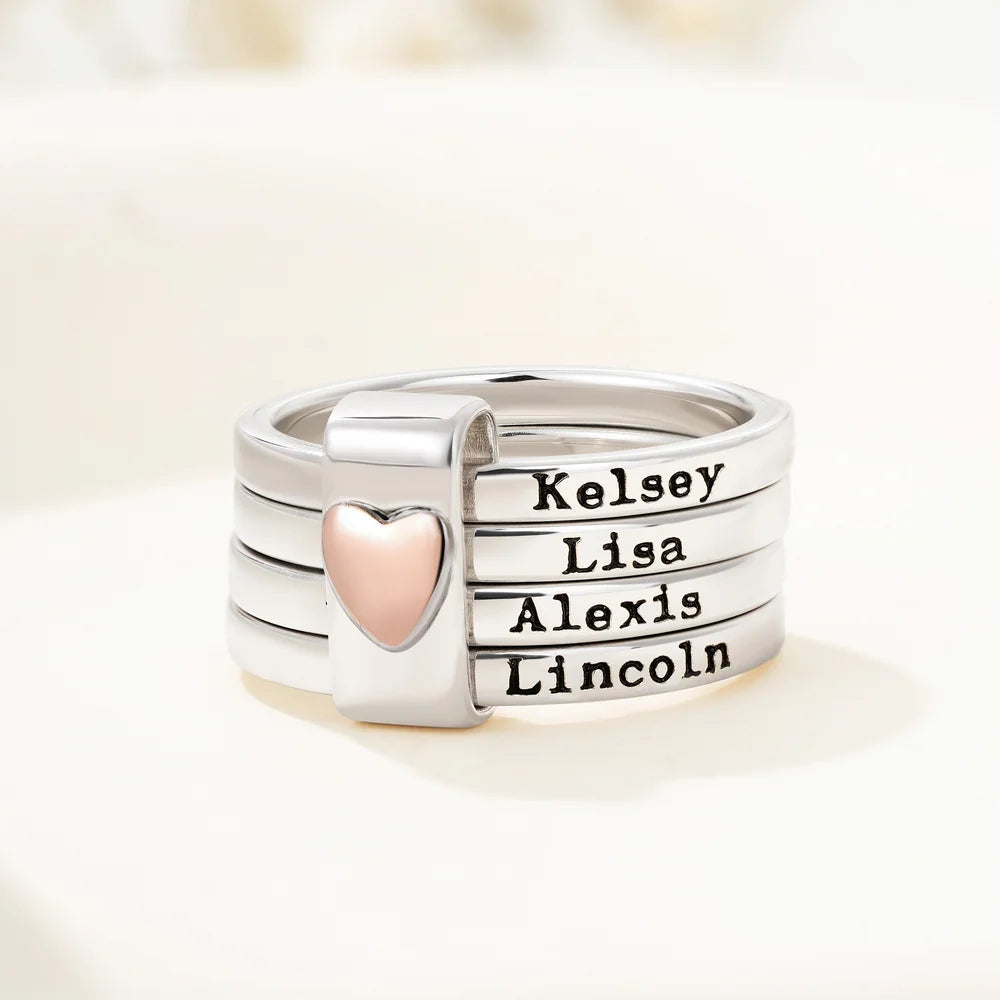 Personalized  Heart Women Stacking Rings with Engraved 2-5 Names Family Jewelry Mother's Day Birthday Gift for Mom Grandma