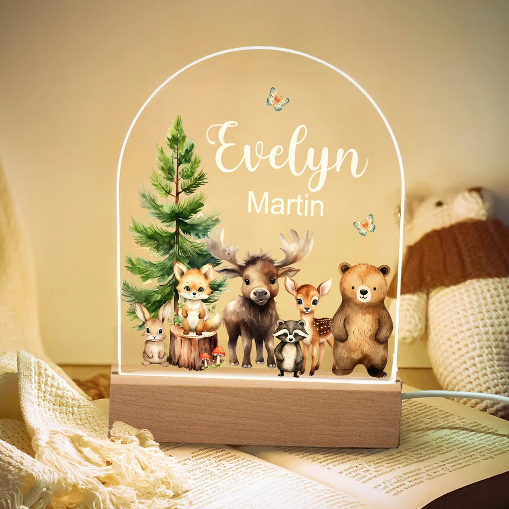 Personalized Watercolor Jungle Animal Acrylic Night Light with Name and Wooden Base Room Decoration Christmas Birthday Gift for Girls Boys