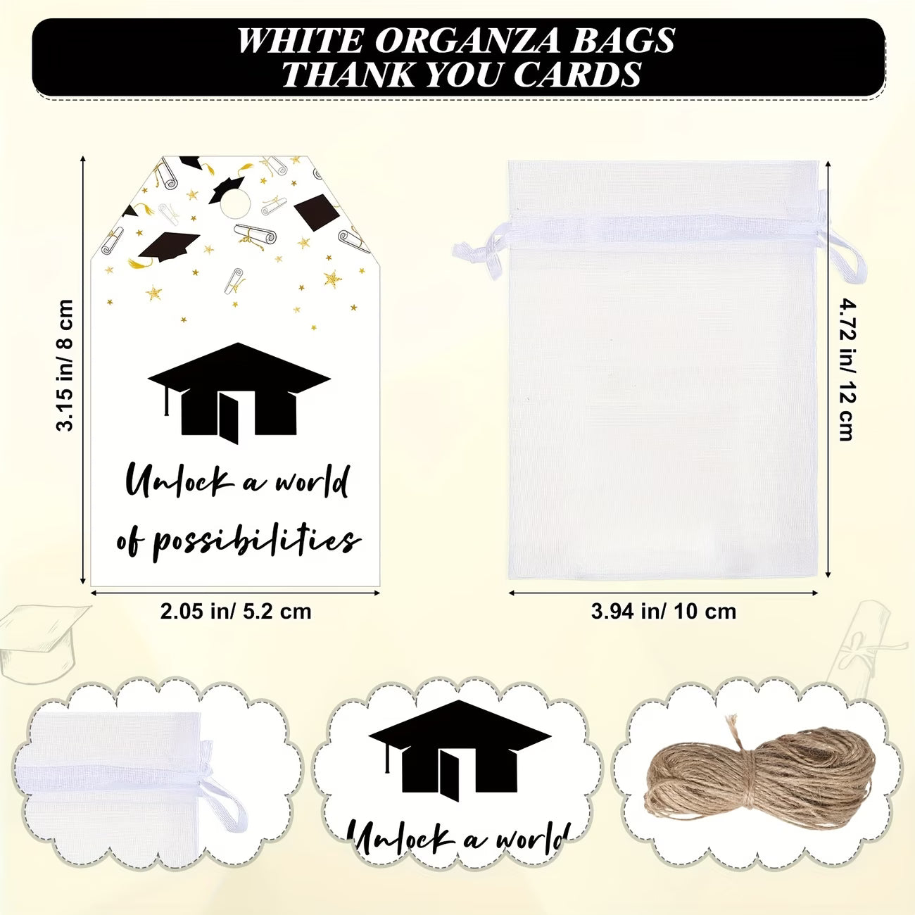 Lot de 50 porte-clés de remise des diplômes promotion 2026 – Décapsuleur avec cartes et sacs en organza (bronze)