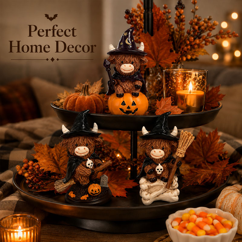 Halloween Highland Cow Ornament – Spooky Cute Tabletop Decor