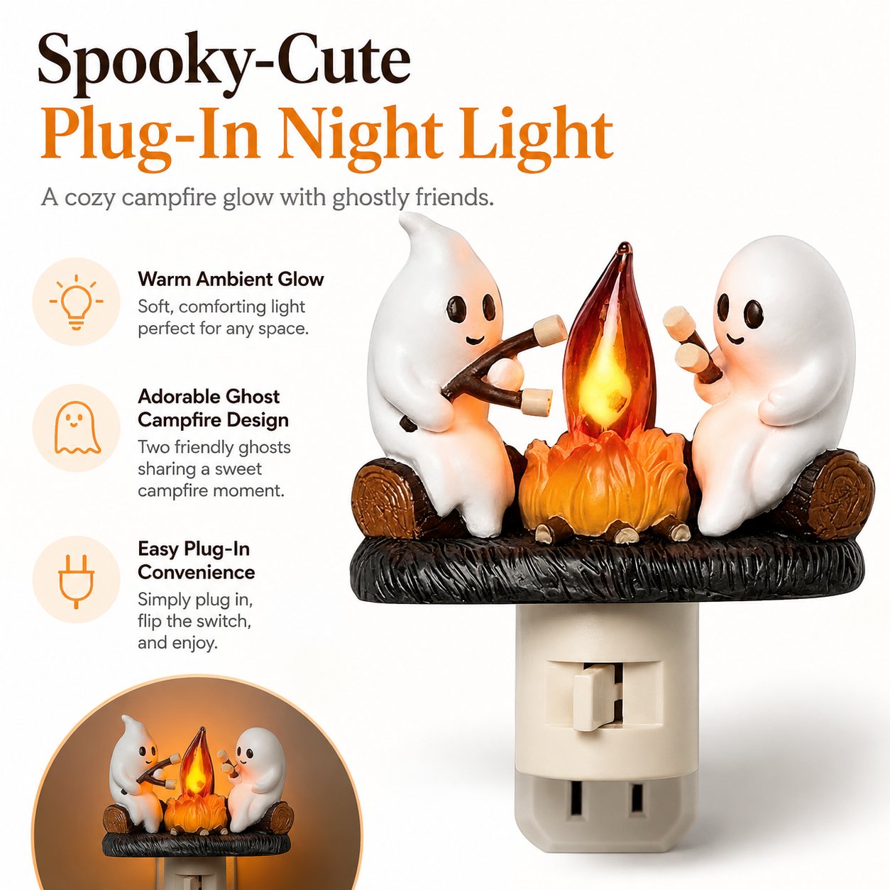 Ghost Campfire Flickering Nightlight – Cute Halloween Plug-In Wall Decor