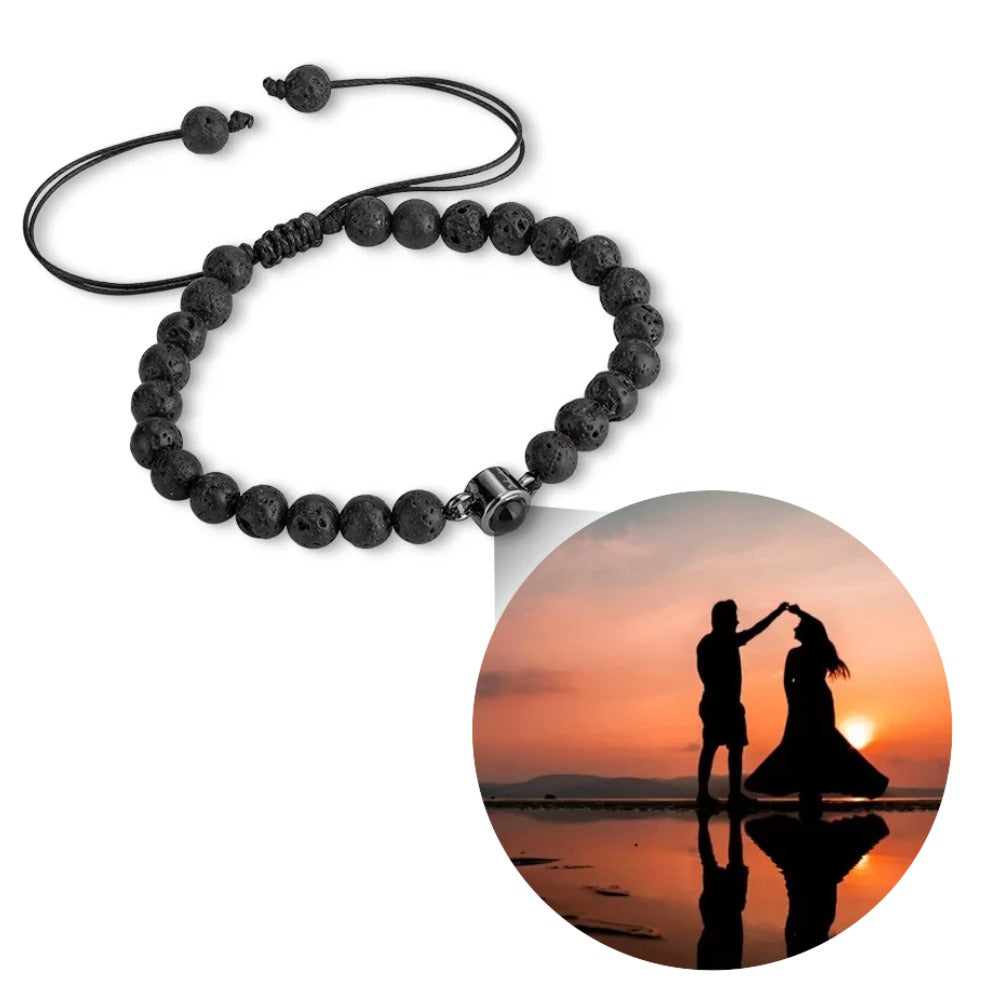 Custom Photo Projection Tiger Eye Bracelet with Black Gallstone Beads