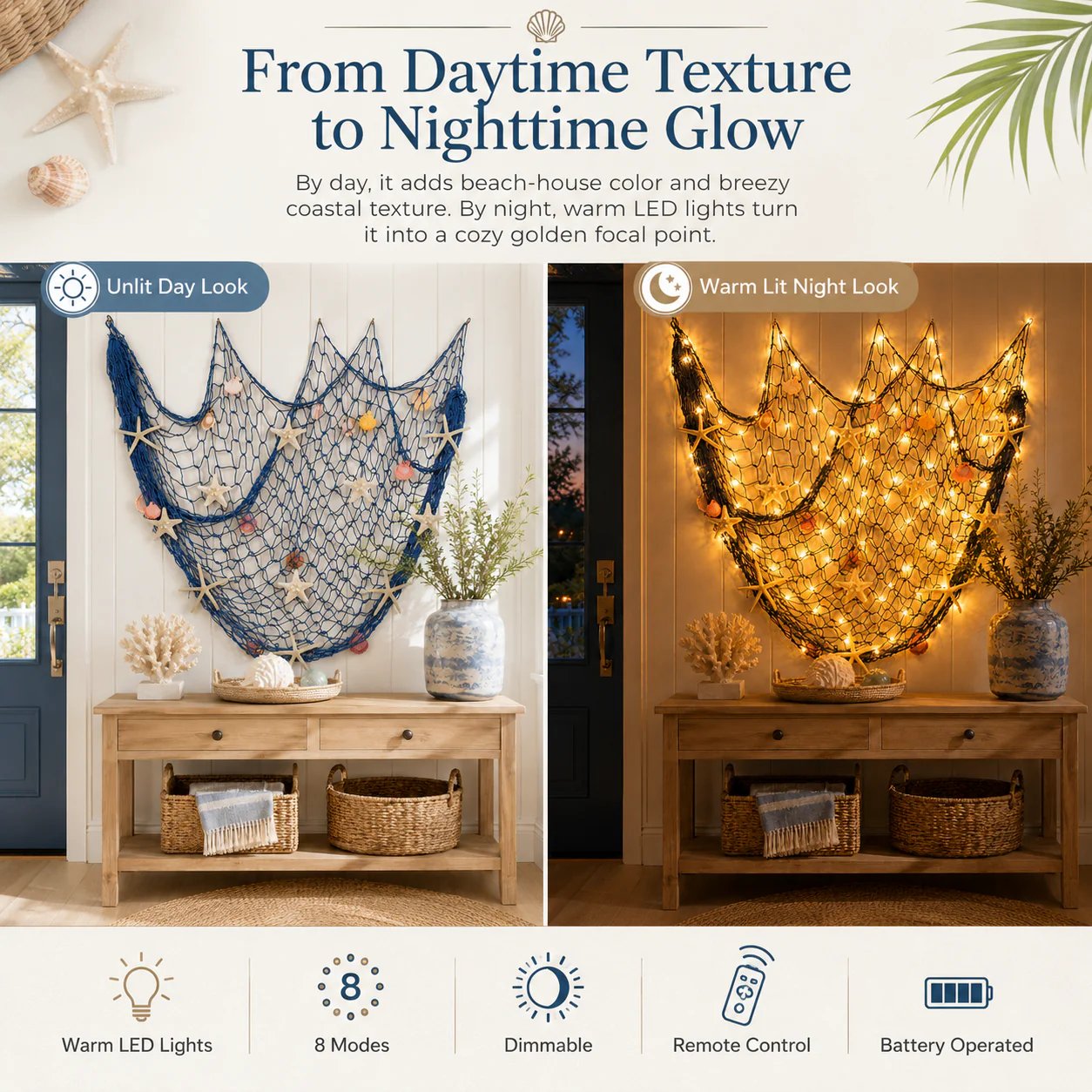 Coastal Fishing Net Wall Hanging with Fairy Lights