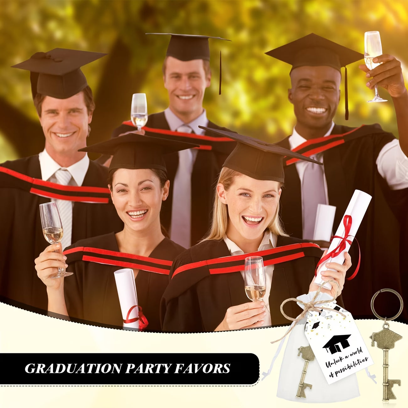 Lot de 50 porte-clés de remise des diplômes promotion 2026 – Décapsuleur avec cartes et sacs en organza (bronze)