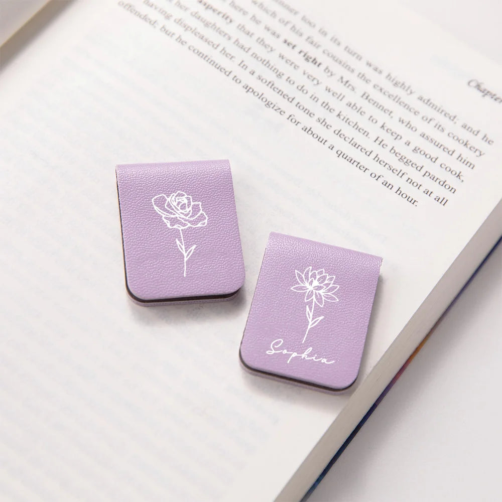 Personalized Birth Flower Leather Magnetic Bookmark with Name