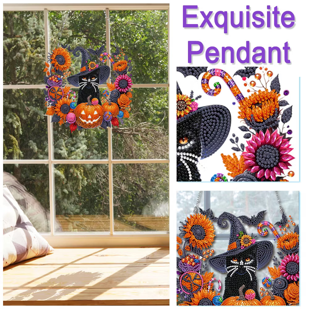 Black Cat Moon Diamond Art Hanging Ornament Kit – Relaxing DIY Halloween Craft